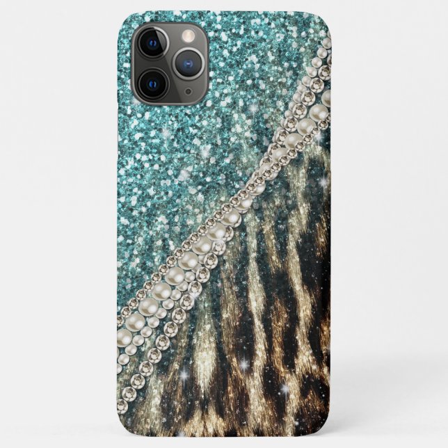 Chic Girly Leopard Print Blue Glitzer Case-Mate iPhone Hülle (Rückseite)