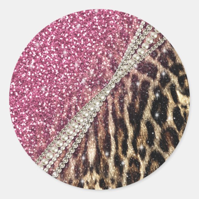 Chic Girly Leopard Print Pink Glitzer Runder Aufkleber (Vorderseite)