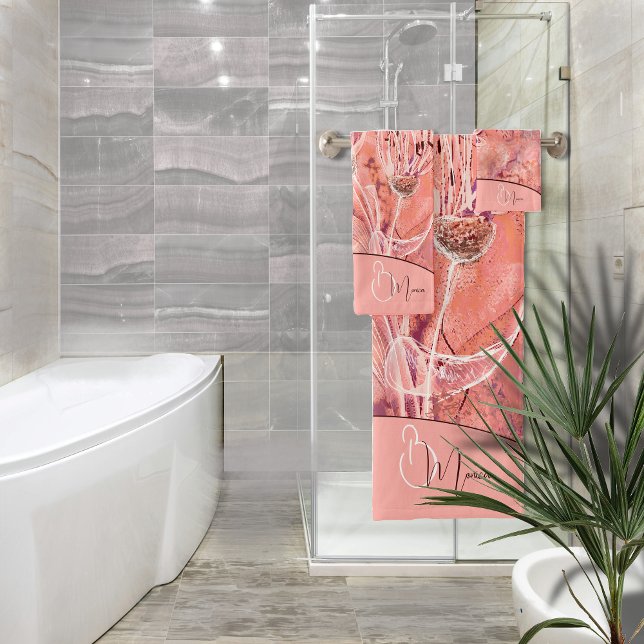 Chic Girly Lmon Pink Blume Badhandtuch Set (Chic Girly Salmon Pink Flowers Bath Towel Set)