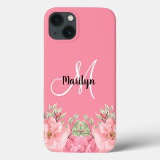Chic Girly Pink Floral Monogram Name Case-Mate iPhone Hülle