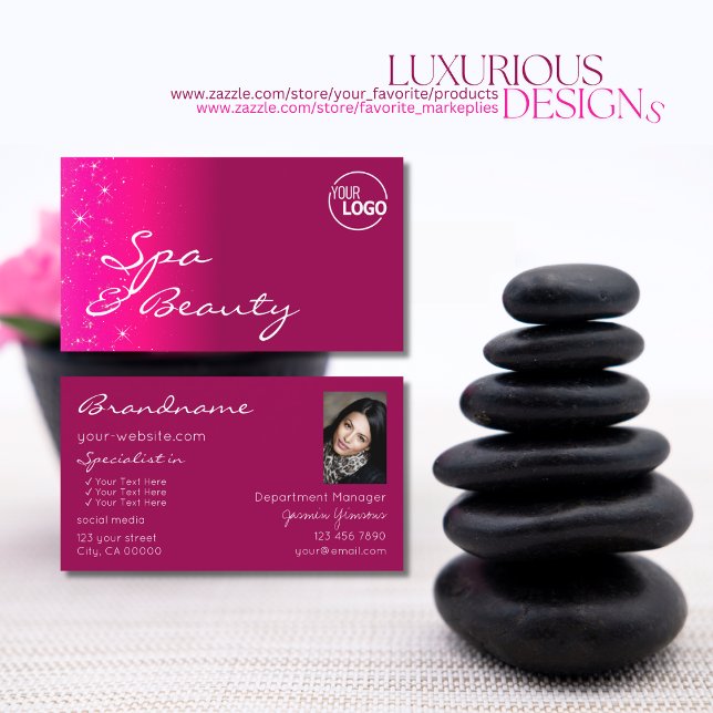 Chic Girly Pink Glitzer Stars mit Logos und Fotos Visitenkarte (Von Creator hochgeladen)