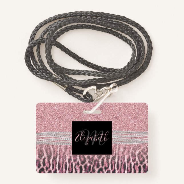 Chic Girly Pink Leopard Glitzer Image Ausweis (Vorderseite mit Schlüsselband)