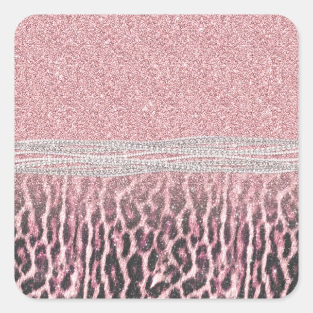 Chic Girly Pink Leopard Glitzer Image Quadratischer Aufkleber (Vorderseite)