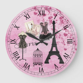 Chic Girly Pink Paris Fashion Clock Große Wanduhr