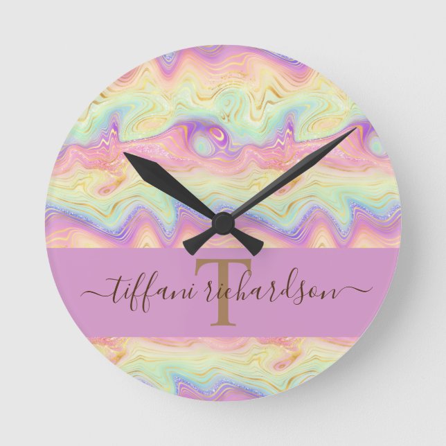 Chic Girly Rainbow Gold Agate Geode Runde Wanduhr (Vorderseite)