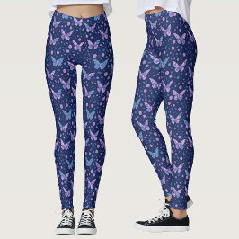 Chic Girly Romantic Blue Lila Butterfly Pattern Leggings