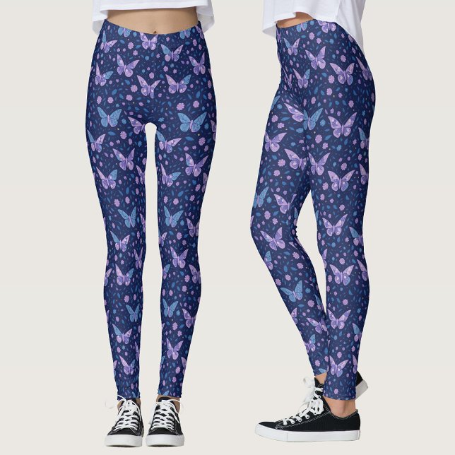 Chic Girly Romantic Blue Lila Butterfly Pattern Leggings (Von Creator hochgeladen)