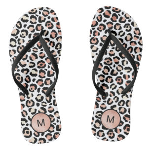 Chic Girly Rose Gold Leopard Monogram Flip Flops