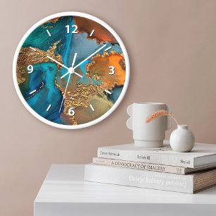 Chic Glam Achat Wasserfarbe Gold Türkis Orange Große Wanduhr