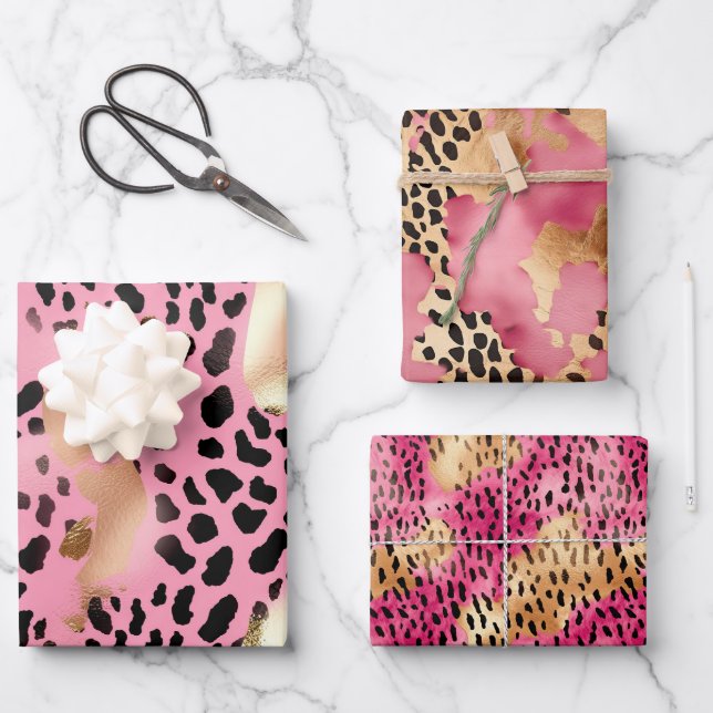 Chic Glam Gold Pink Black Leopard Geschenkpapier Set (Vorderseite)
