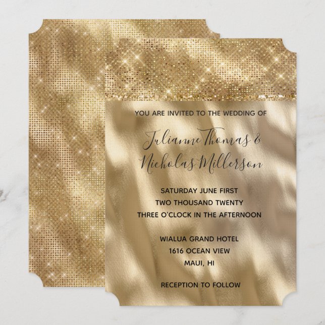 Chic Glam Gold Sparkle Wedding Einladung (Vorne/Hinten)