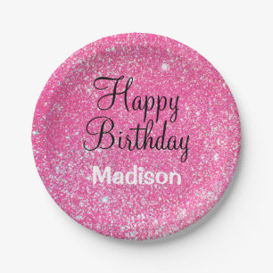 Chic Glam Happy Birthday Hot Pink Glitzer Sparkass Pappteller