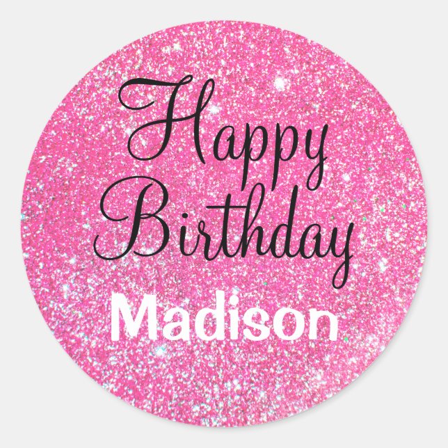 Chic Glam Happy Birthday Hot Pink Glitzer Sparkle Runder Aufkleber (Vorderseite)