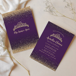 Chic Glam Lila Gold Glitzer Tiara Quinceanera Einladung