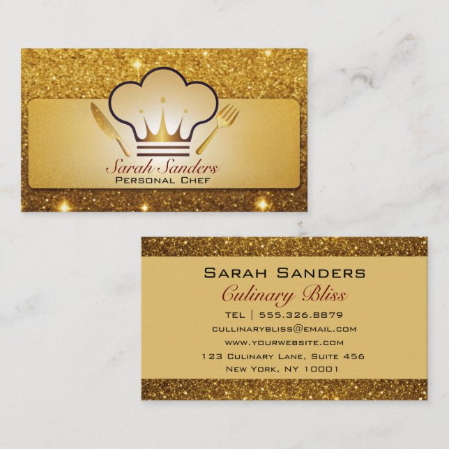 Chic Glam Personal Koch Catering Gold Glitzer Visitenkarte (Vorne/Hinten)