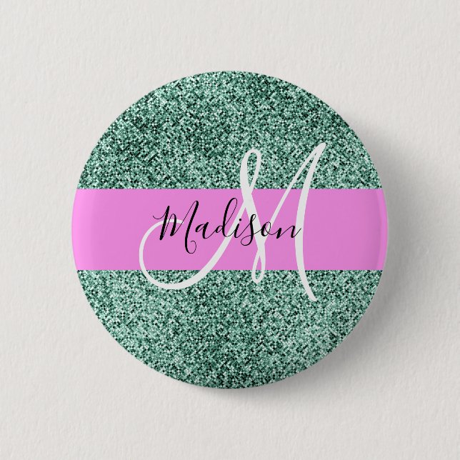 Chic Glam Pink Green Glitzer Sparkname Monogram Button (Vorderseite)