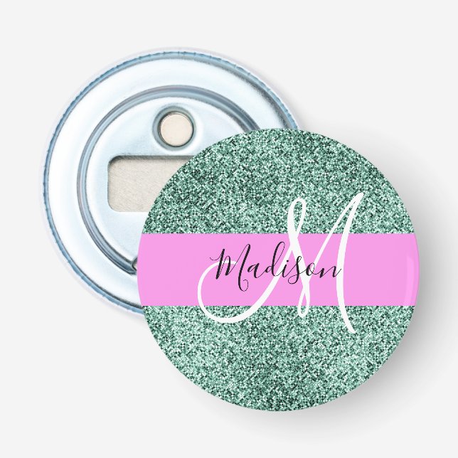 Chic Glam Pink Green Glitzer Sparkname Monogram Flaschenöffner (Vorderseite)