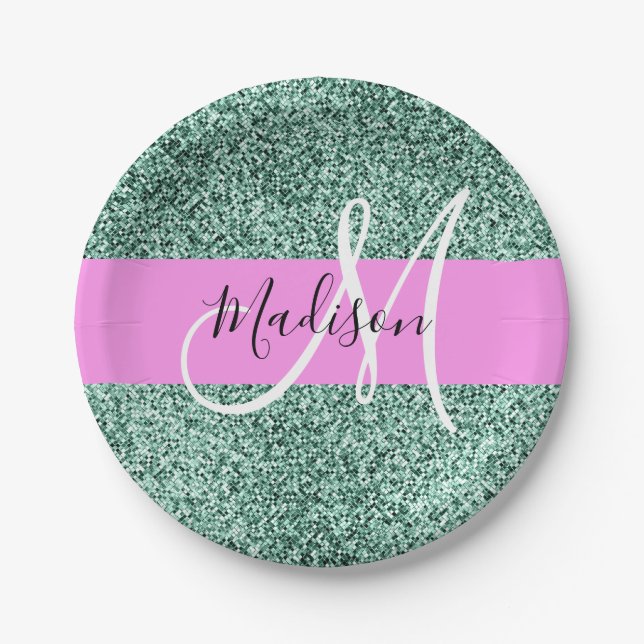 Chic Glam Pink Green Glitzer Sparkname Monogram Pappteller (Vorderseite)