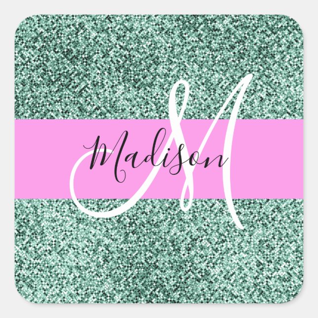 Chic Glam Pink Green Glitzer Sparkname Monogram Quadratischer Aufkleber (Vorderseite)