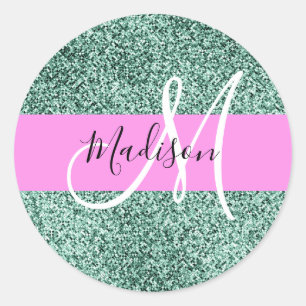 Chic Glam Pink Green Glitzer Sparkname Monogram Runder Aufkleber