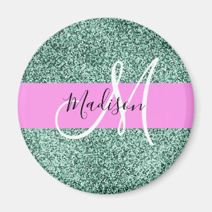 Chic Glam Rosa Grün Glitter Funkeln Name Monogramm Magnet