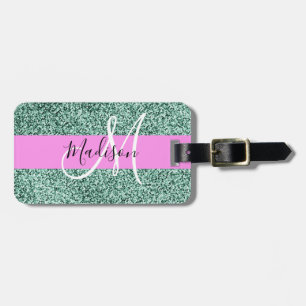 Chic Glam Rosa Grüner Glitter Glanz Name Monogramm Gepäckanhänger