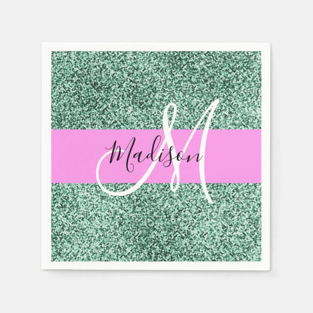 Chic Glam Rosa Grüner Glitter Glanz Name Monogramm Serviette (Vorderseite)