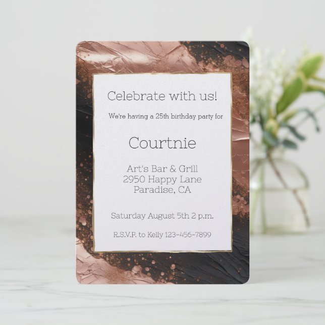 Chic Glam Rose Gold Black Birthday Einladung (Stehend Vorderseite)