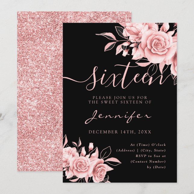 Chic Glam Rose Gold Sweet 16 Glitzer Blumenschwarz Einladung (Vorne/Hinten)