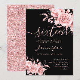 Chic Glam Rose Gold Sweet 16 Glitzer Blumenschwarz Einladung