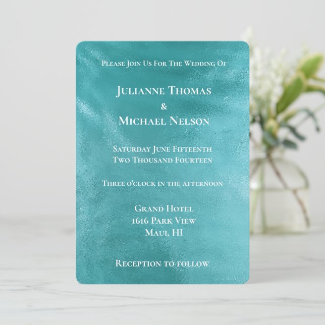 Chic Glam Turquoise Aqua Blue Wedding Einladung (Stehend Vorderseite)