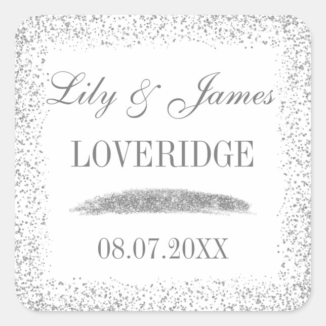 Chic Glam White & Gray Silver Glitzer Wedding Quadratischer Aufkleber (Vorderseite)