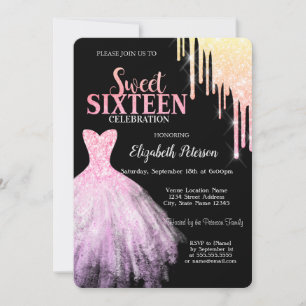 Chic Glitter-Tropfen, Rosa Kleid Schwarz Sweet 16  Einladung