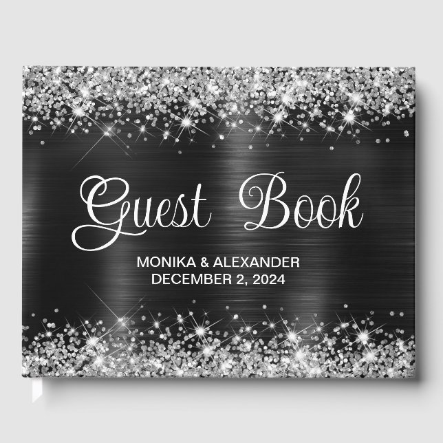 Chic Glittery Black Foil Mariage livre d'hôtes (Recto)