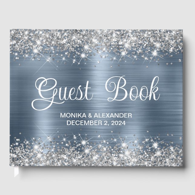 Chic Glittery Dusty Blue Foil Mariage livre d'hôte (Recto)