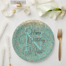 Chic Glittery Feathers Monogram Birthday Pappteller