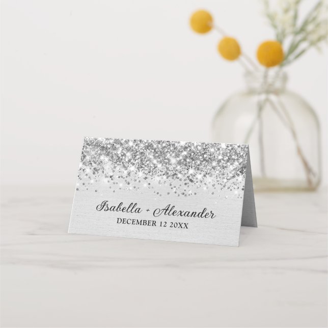 Chic Glittery light Silver Foil personalisiert Platzkarte (Rückseite)