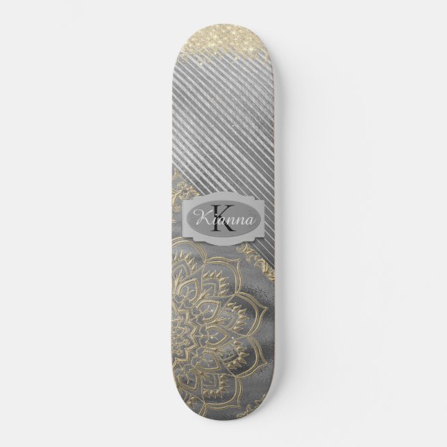 Chic Glittery Mandala Monogram Skateboard (Vorderseite)