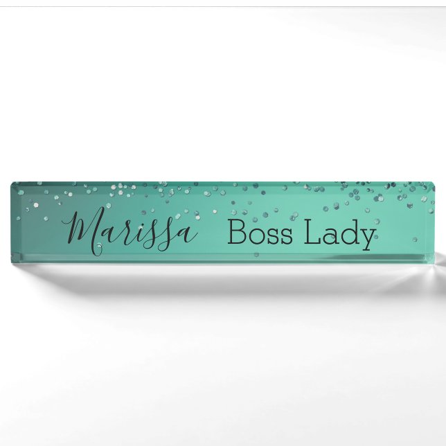 Chic Glittery Türkis Personalisiert Boss Lady Namensplakette (Vorderseite)