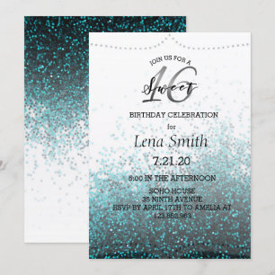 Chic Glitzer Blue Confetti Sweet 16 Geburtstag Einladung