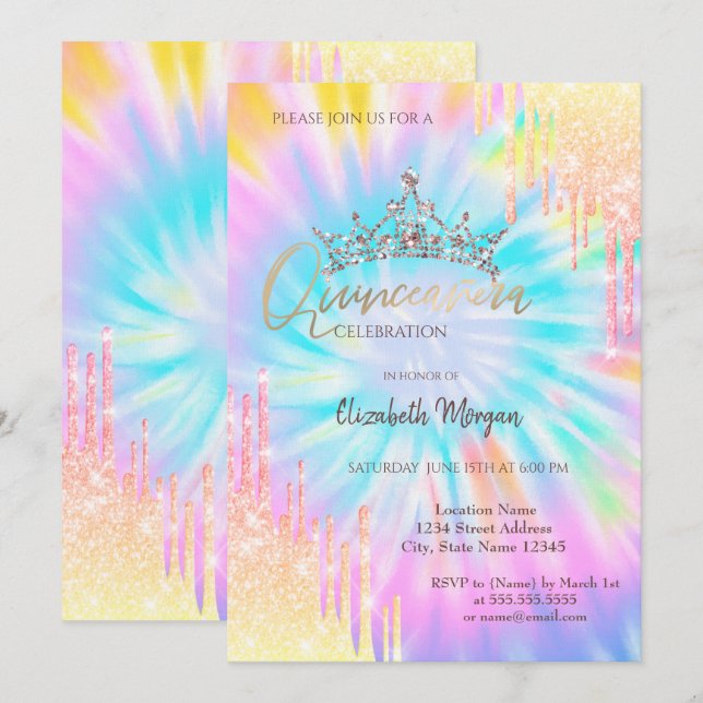 Chic Glitzer Crown Drop Gefärbte Krawatte Quinceañ Einladung (Vorne/Hinten)