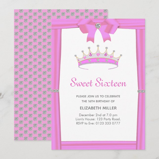 Chic Glitzer Diamond Crown 16 . Geburtstag Einladung (Vorne/Hinten)