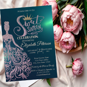 Chic Glitzer Dress, Tiara, Diamonds Green Sweet 16 Einladung
