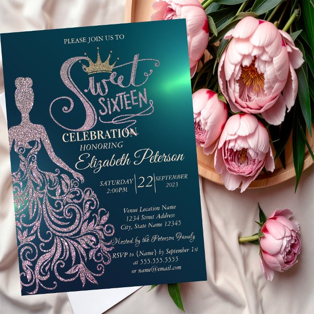 Chic Glitzer Dress, Tiara, Diamonds Green Sweet 16 Einladung (Von Creator hochgeladen)