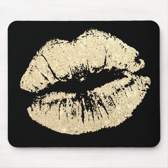 Chic Glitzer Effect Gold Lips Black Mousepad (Vorne)