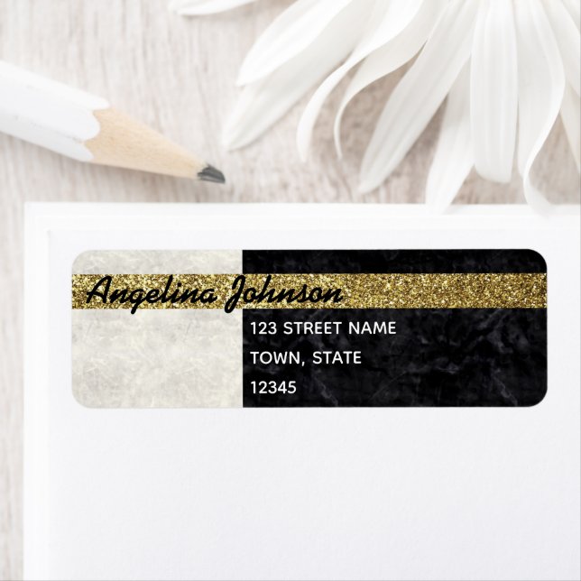 Chic Glitzer Gold Schwarz und Weiß Rücksendeadress (Insitu)