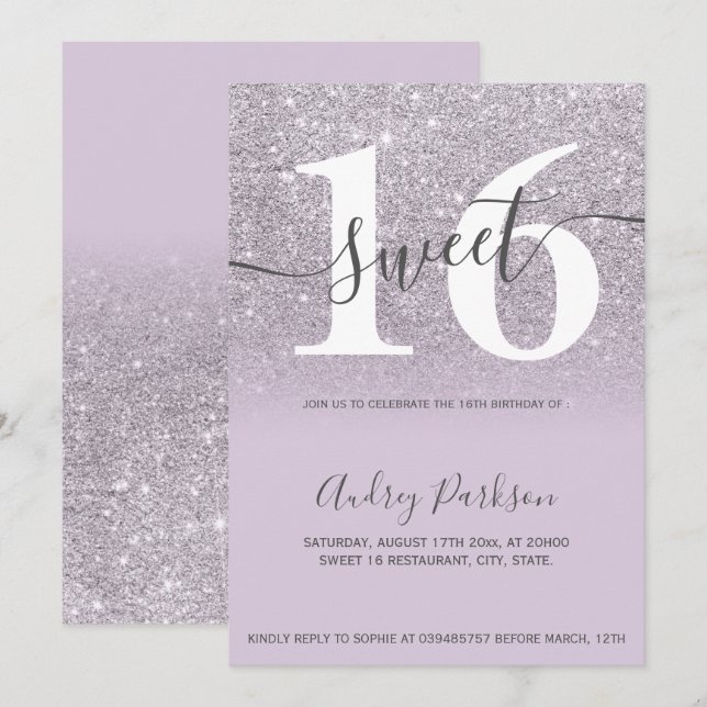 Chic Glitzer lila lilac ombre Girly Sweet 16 Einladung (Vorne/Hinten)