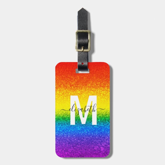 Chic Glitzer Rainbow Stripes Monogramm Name Gepäckanhänger (Vorderseite vertikal)