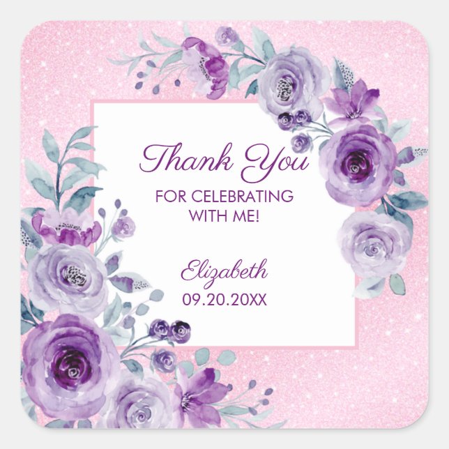 Chic Glitzer Rosa Lila Rose Blumengeburt Quadratischer Aufkleber (Vorderseite)