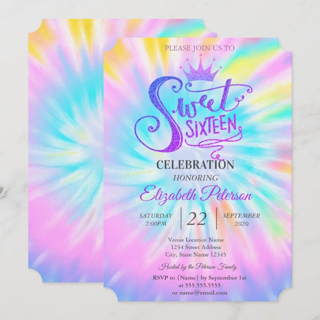 Chic Glitzer Tiara Krawatte Dey Sweet 16 Party Einladung (Vorne/Hinten)